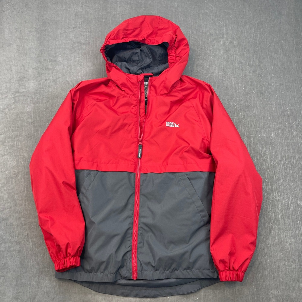 Eddie Bauer Kids Large Red Grey Windbreaker Fleece Lined Hooded Jacket E934OW589